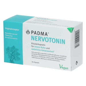Verpackung von PADMA NERVOTONIN Kräuterkapseln, vegan, zur Unterstützung von innerer Ruhe und Gelassenheit.