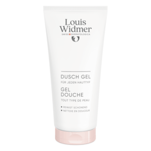 Weißes Tube mit Duschgel für jeden Hauttyp, mit sanften Reinigungshinweisen auf Vorderseite.