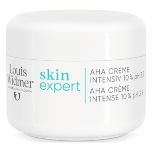 Weißer Cremetiegel mit Deckel, beschriftet mit 'skin expert AHA Crème intensiv 10 % pH 3,5' von Louis Widmer.