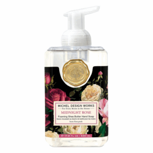 Pumpflasche mit schäumender Sheabutter-Seife in der Duftrichtung "Midnight Rose", verziert mit Blumenmotiven.