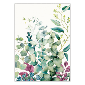 Buntes Aquarell von verschiedenen Pflanzen und Blättern auf hellem Hintergrund.