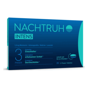 Verpackung von Nachtruhe Intens mit Angaben zu Inhaltsstoffen und Schlafunterstützung, in blauer Farbgestaltung.