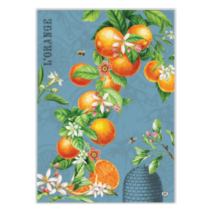 Lebendige Darstellung von Orangen mit Blüten und Blättern auf blauem Hintergrund, ergänzt durch eine Bienenstockillustration.