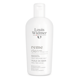 Flasche mit Badeöl von Louis Widmer für sehr trockene Haut, schlichtes Design in Weiß mit grauer Schrift.