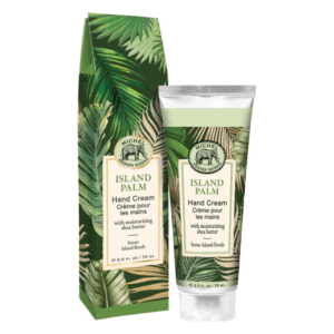 Handcreme in einem dekorativen Karton mit tropischem Blattdesign, Duft nach Inselblüten.