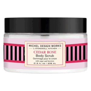 Körperpeeling im Glasbehälter mit schwarzem Deckel, Etikett in Rosa mit Streifen und Schriftzug 'Cedar Rose'