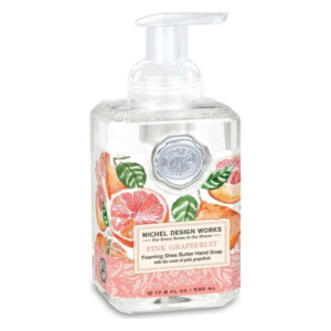 Pumpflasche mit schäumender Sheabutters-Seife, Duft nach rosa Grapefruit, dekoratives fruchtiges Design.