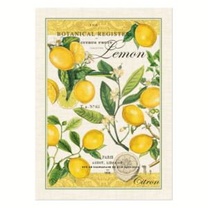 Historische botanische Abbildung von Zitronen, umgeben von grünen Blättern und Blüten, auf hellem Hintergrund.