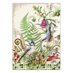 Zwei Vögel sitzen zwischen Pflanzen, Moos, Pilzen und Blumen auf einem Holzstück in einem Waldbild.