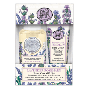 Handpflege-Geschenkset mit Seife und Handcreme in einer dekorativen Verpackung mit Lavendel-Illustrationen.