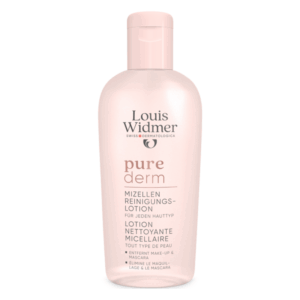 Flasche mit Mizellen-Reinigungs-Lotion von Louis Widmer, rosa Verpackung für alle Hauttypen.
