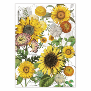 Bunte Blumenillustration mit mehreren Sonnenblumen, verschiedenen Blüten und botanischen Elementen auf einem hellen Hintergrund.