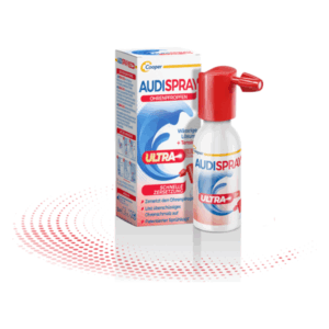 AUDISPRAY Ohrentropfen in einer weißen Sprayflasche mit rotem Sprühkopf und Verpackung, die die Anwendung erklärt.