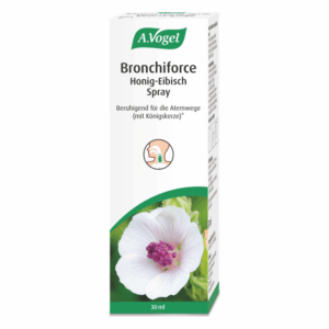 Verpackung von A.Vogel Bronchiforce Honig-Eibisch Spray mit Abbildung einer Eibischblüte und Gebrauchshinweisen.