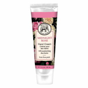 Handcreme in einer Tube mit rosa und blumenförmigem Design, Parfümiert mit Rosenblüten.