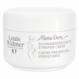 Weisse Creme-Dose mit dem Aufdruck "Mama Derm Schwangerschaftsstreifen-Creme" von Louis Widmer.