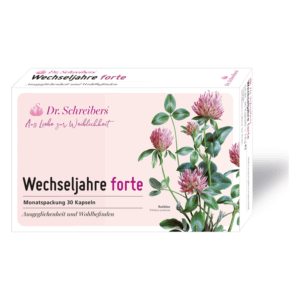 Verpackung der Kapseln "Wechseljahre forte" von Dr. Schreiber’s mit floralem Design und rosa Hintergrund.