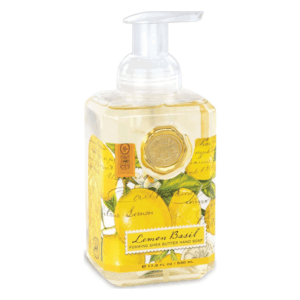 Spender mit schäumender Handseife aus Sheabutter, Duft Zitronen-Basilikum, verziert mit Zitronenmotiven.