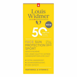 Gelbe Verpackung einer Sonnencreme für das Gesicht von Louis Widmer mit hohem UV-Schutz und dermatologischer Formel.