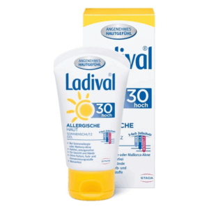 Ladival Sonnencreme für allergische Haut, Lichtschutzfaktor 30, in einem weißen Tubenbehälter mit gelbem Deckel.