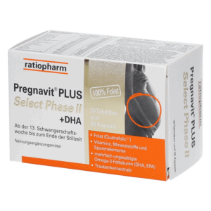Verpackung von Pregnavit PLUS Select Phase II mit 30 Tabletten und 30 Kapseln, angezeigt mit dem Hinweis auf Folat und DHA.