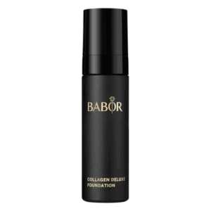 Schwarze Flasche mit Pumpe, beschriftet mit "BABOR COLLAGEN DELUXE FOUNDATION" in goldener Schrift.
