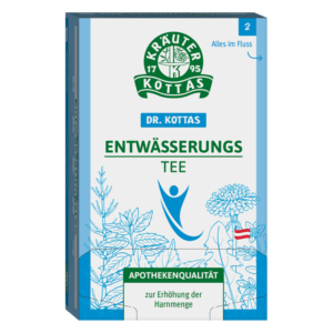 Verpackung von Dr. Kottas Entwässerungstee, apothekenübliche Qualität mit Pflanzenmotiven.
