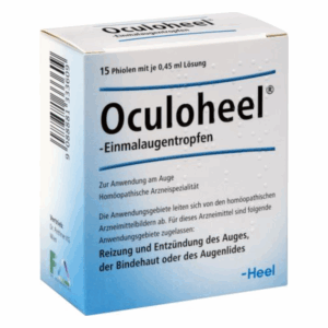 Verpackung von Oculoheel Einmaldosentropfen für die Anwendung am Auge, homöopathisches Arzneimittel, 15 Phialen.