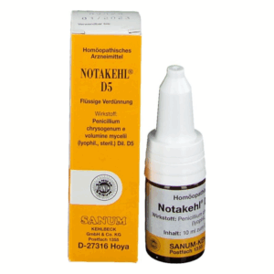 Flasche mit homöopathischem Arzneimittel Notakehl D5 und orangefarbener Verpackung.