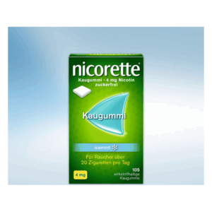 Verpackung von Nicorette Kaugummi mit 4 mg Nikotin, zuckerfrei, Geschmacksrichtung icemint.
