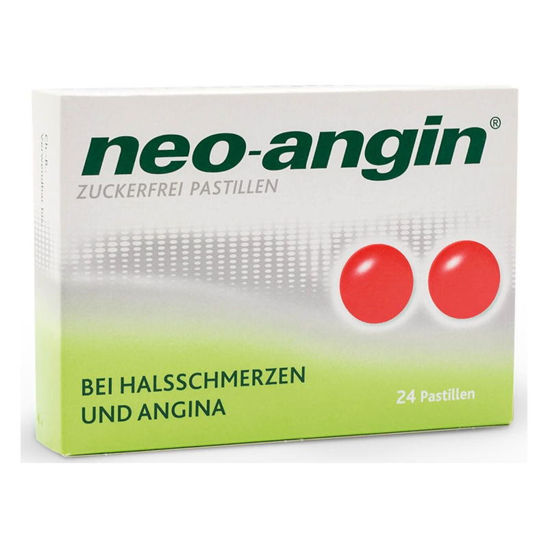 Verpackung von neo-angin zuckerfreien Pastillen mit rotem Design und Hinweis auf Anwendung bei Halsschmerzen.