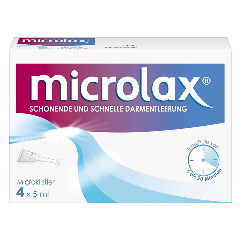 Verpackung von Microlax, einem Produkt zur schnellen und schonenden Darmentleerung, enthält vier Microklistiere à 5 ml.