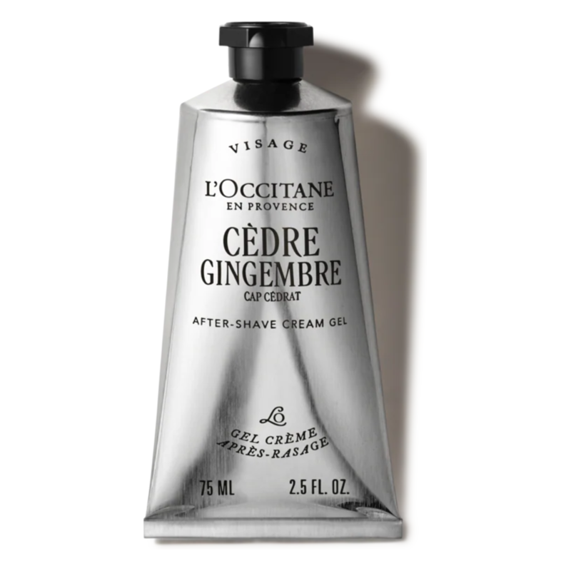 Silberne Tube mit schwarzem Verschluss, gefüllt mit After-Shave-Cream-Gel von L'Occitane, 75 ml.