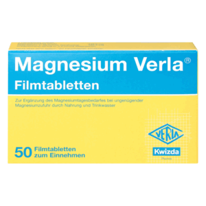 Verpackung von Magnesium Verla Filmtabletten, gelb und blau, mit 50 Tabletten zur Magnesiumergänzung.