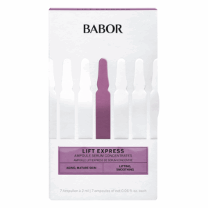 Verpackung mit Reihen von Ampullen für ein Serum von BABOR, fokussiert auf Lifting und glättende Eigenschaften.