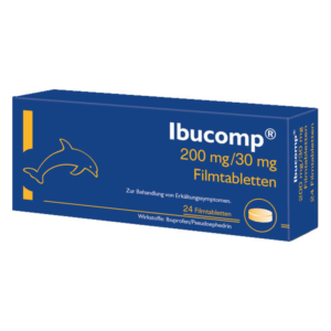 Packung Ibucomp Filmtabletten mit 200 mg Ibuprofen und 30 mg Pseudoephedrin zur Behandlung von Erkältungs-symptomen.