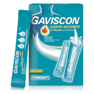 Gaviscon Liquid Sachets in Mintgeschmack, Packung mit 24 Beuteln und Hinweisen zu den Inhaltsstoffen.