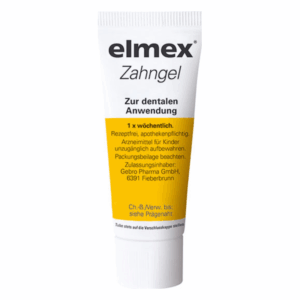 Tube mit elmex Zahngel für die dentale Anwendung, mit gelbem Etikett und apothekenpflichtigen Hinweisen.