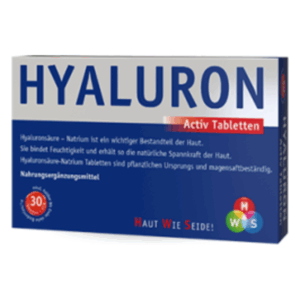 Verpackung von Hyaluron Activ Tabletten mit Informationen zu Hautpflege und Feuchtigkeitsbindung.