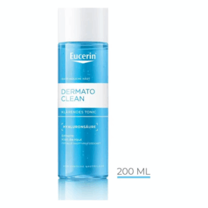 Flasche Eucerin Dermato Clean klärendes Tonic mit 200 ml, blau und weiß, für empfindliche Haut.