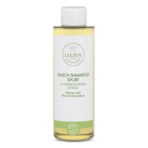 Dusch-Shampoo in einer transparenten Flasche mit Grapefruit-Extrakt, reinigt sanft und hat antimikrobielle Eigenschaften.