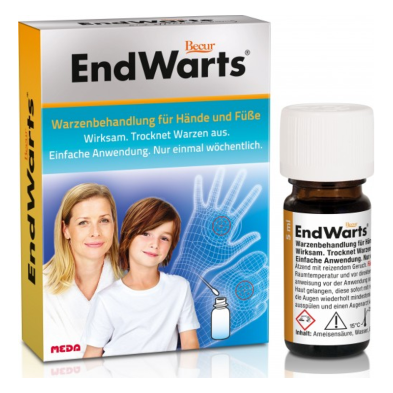 Packung von EndWarts zur Warzenbehandlung mit einer Flasche und Bildern einer Hand und einem Kind.