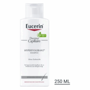 Flasche Eucerin Dermo Capillaire Hypertolerant Shampoo, 250 ml, für empfindliche Kopfhaut, ohne Duftstoffe.