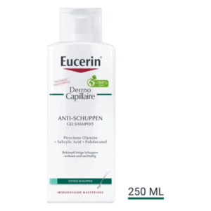 Eucerin Dermo Capillaire Anti-Schuppen Gel Shampoo in einer weißen Flasche mit grünem Schriftzug, 250 ml.