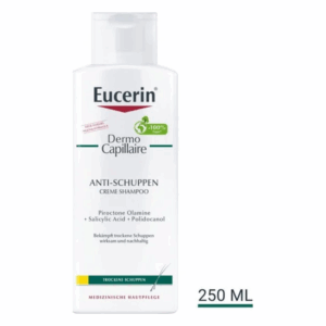 Eucerin Dermo Capillaire Anti-Schuppen Creme Shampoo in einer weißen Flasche mit grünem Deckel, 250 ml.