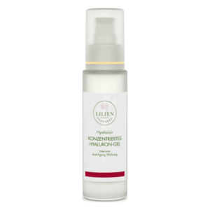 Konzentriertes Hyaluron-Gel in einer transparenten Flasche mit Pumpverschluss, betont die Anti-Aging Wirkung.