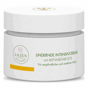 Weißer Tiegel mit der Aufschrift 'Lindernde Intensivcreme mit Alpha-Bisabolol' für empfindliche Haut.