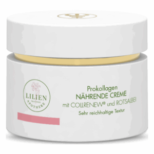 Weißer Cremebehälter mit goldenen Akzenten, beschriftet mit "Prokollagen Nährende Creme" und Inhaltsstoffen.