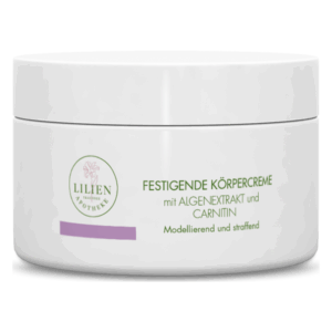 Weiße, runde Verpackung mit Aufschrift „Festigende Körpercreme mit Algenextrakt und Carnitin“