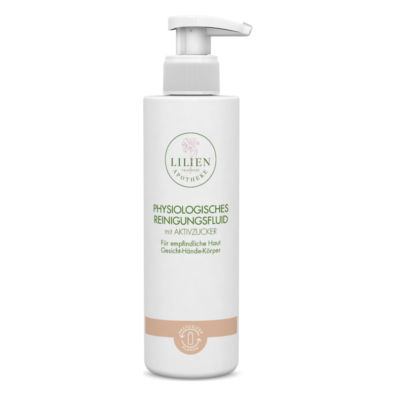 Weiße Flasche mit Pumpverschluss, enthält physiologisches Reinigungsfluid für empfindliche Haut.